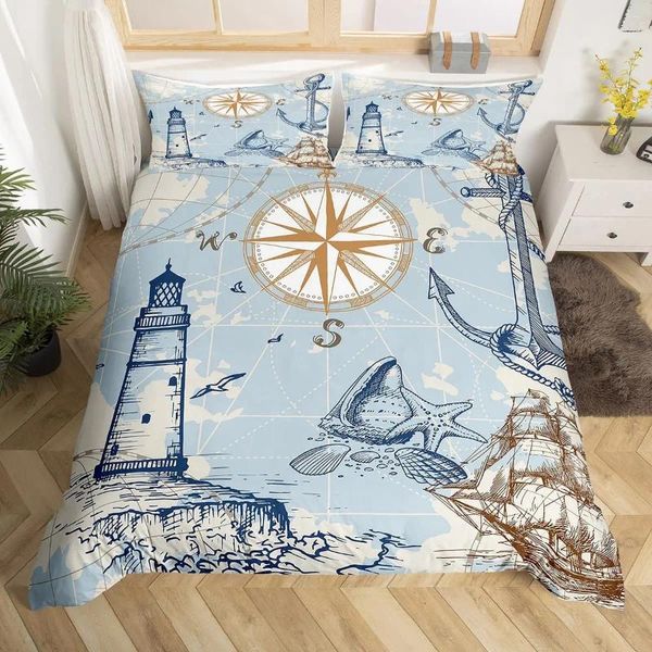 Set di biancheria da letto Coperchio di ancoraggio di ancoraggio nautico Set di coperture per vela vintage Lighthouse Conch Starfish SeaShell Ocean Wave Rate