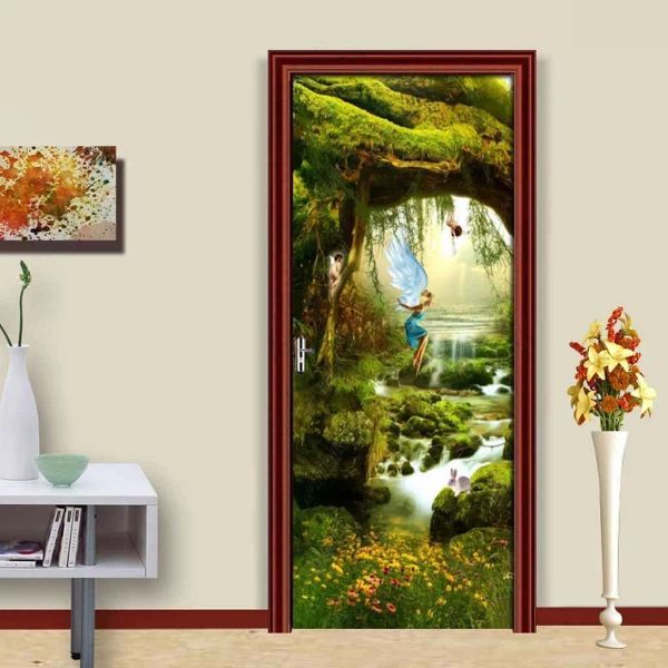 Adesivos psicodélico floresta cachoeira porta adesivo fantasia madeiras riacho decalque da porta montanhas e rios mural cartaz papel de parede decoração da sua casa