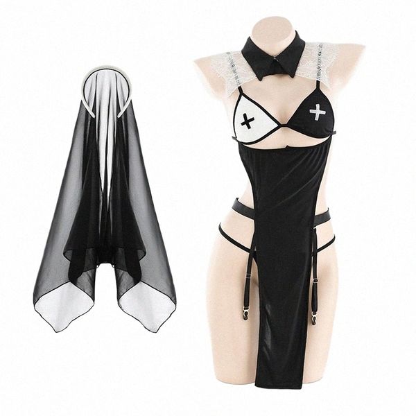 Sexy Dessous Nonne Uniform Passi Hexe Kostüme Erwachsene Frauen Cosplay Dr mit schwarzem Schleier Anime Halen Party Maid Outfit e6K0 #