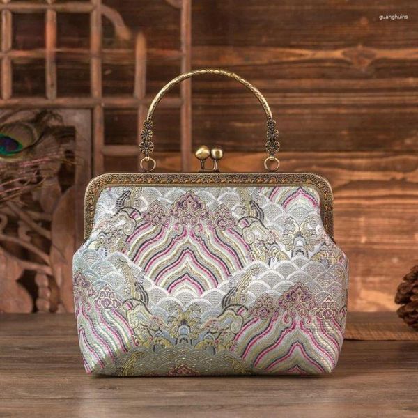 Saco forma elegante cheongsam 2024 retro artesanal listrado brocado feminino bolsa banquete senhoras pequenos sacos corrente