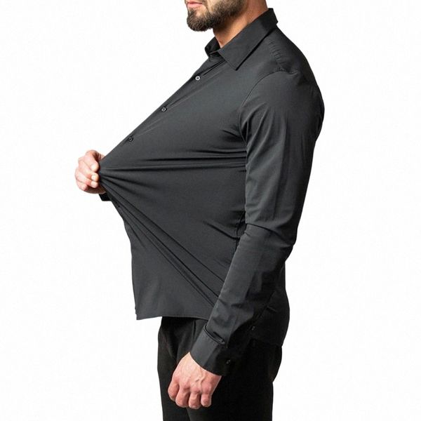Сплошной цвет Мужская рубашка Эластичная приталенная мужская рубашка-бусин с отложным воротником Однобортный дизайн Мягкая для торжественных случаев l1WG #
