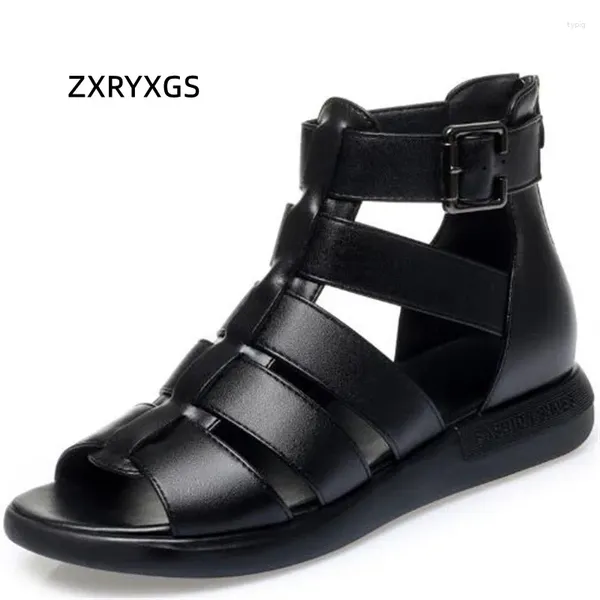 Freizeitschuhe ZXRYXGS Sommer Offene spitze Echtes Leder Sandalen Flache Römische 2024 Große Größe Coole Stiefel Frauen