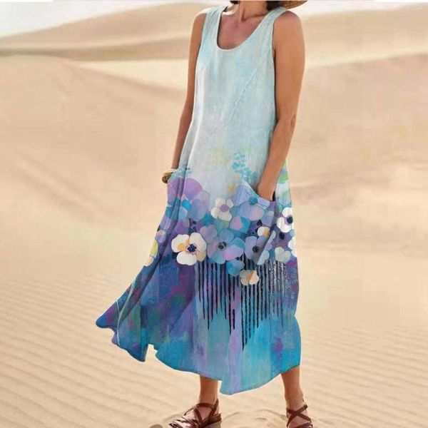 Повседневные платья размера плюс, хлопково-льняное платье для женщин, лето 2024, негабаритный длинный пляжный сарафан, рубашка-майка, свободная рубашка с цветочным принтом Vintgae