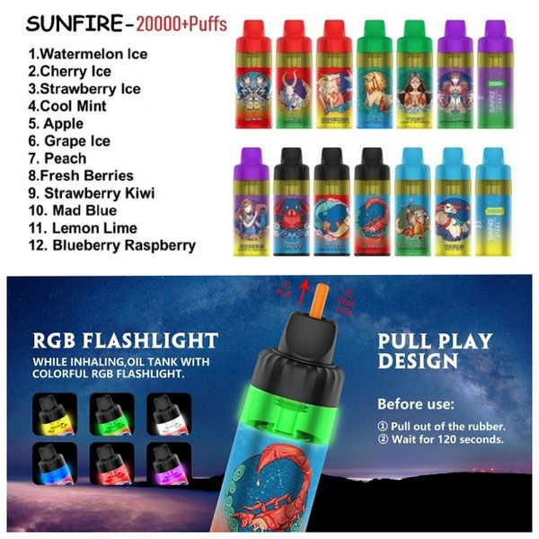 Sunfire Stars usa e getta 20000 sbuffi da 600 mAh a batteria ricaricabile con 3 volte da 20 ml da 30 ml da 30 ml e-liquido Kit vape vapodifera a vaporizzazione Modello di alimentazione enorme fumo 15k 20k 30k PUF