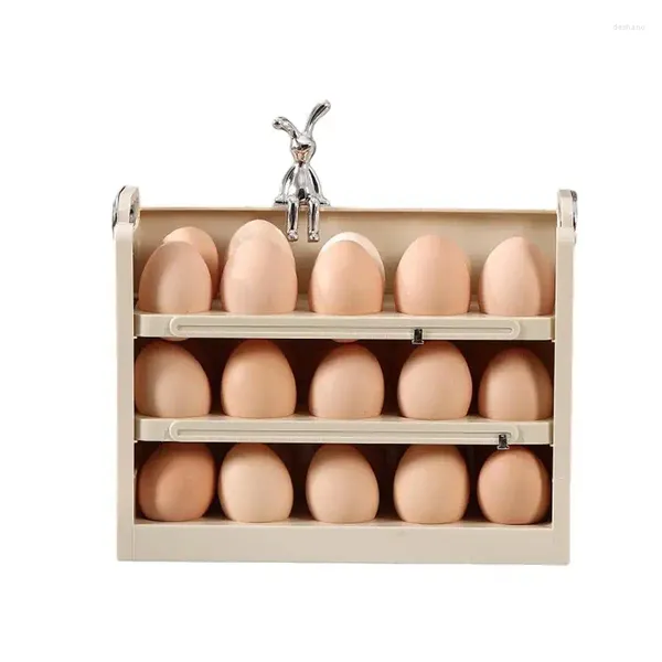 Garrafas de armazenamento organizador de ovos para geladeira, 3 camadas, economia de espaço, caixa de porta lateral com 30 grades, alça e escala de tempo