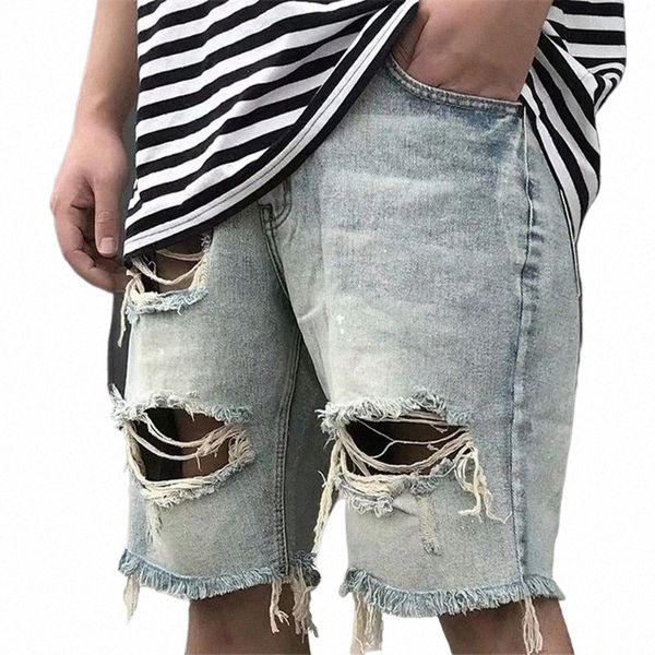 idopy Мужские летние джинсовые шорты в стиле ретро, мужские рваные уличные стильные винтажные хип-хоп хипстерские байкерские джинсы с большой дыркой B3O5 #