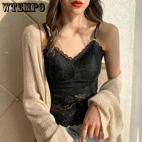 Camisoles Tanks Spitze Crop Top Sexy Dessous Leibchen Bralette Schwarz Weiß Schlaf Tops Strap Gepolsterte Camis Unterhemd Frauen