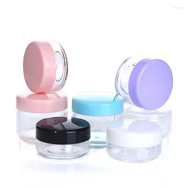 Garrafas de armazenamento para creme facial, recipientes vazios para viagem, 5g, 10g, 15g, 20g, pequenas tampas coloridas, plástico transparente, frascos de cosméticos