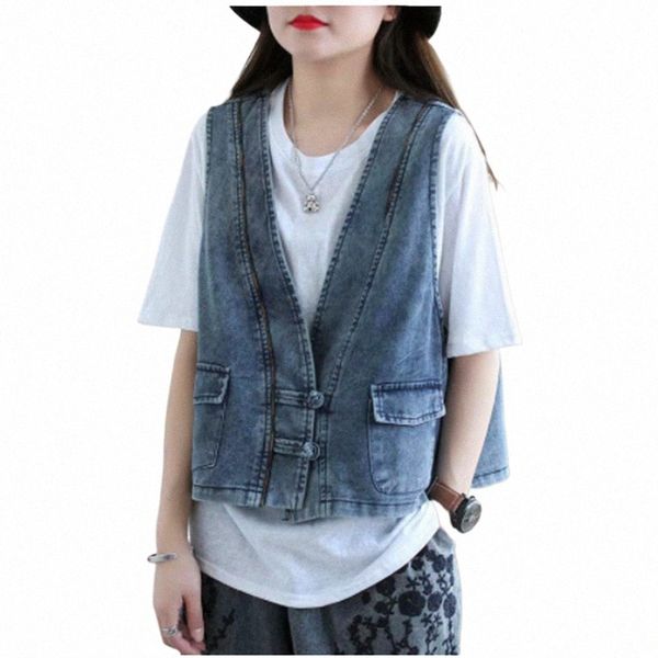 Street Fi V-Neck Denim Vest Donna Vintage Casual Sleevel Chaleco Mujer Butts Loose Plus Size Jean Gilet q7w0 #