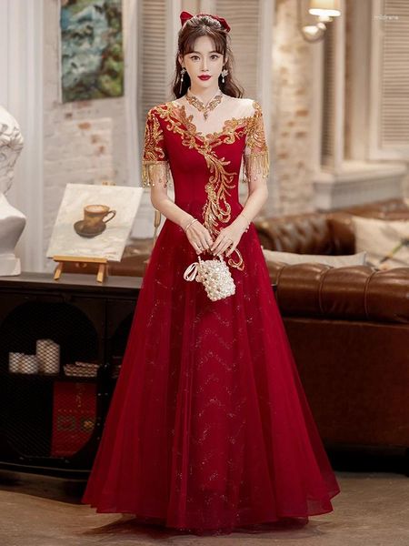 Abiti da festa Vintage collo alto vino rosso ricevimento di nozze applicazioni di lusso abiti da sera formali da donna lunghi in tulle lunghi fino al pavimento