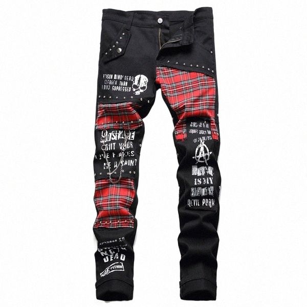 Escócia Red Plaid Tartan Patchwork Jeans Punk Rivet Patch Black Denim Calças Crânio Letras Impressas Slim Calças Retas F0Ko #