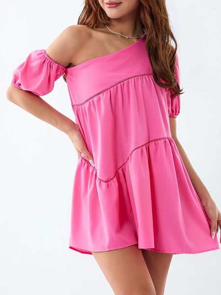 Lässige Kleider Damen Y2K Sommer One Shoulder Mini Babydoll Kleid Puffärmel Lose Tiered A Line Flowy Short