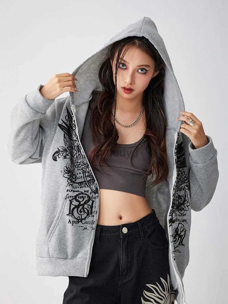 Kadın Hoodies Sweatshirts Kadınlar Büyük Boyutlu Tam Zip Vintage Kanatlar Cepleri ile Uzun Kollu Ceketler 240328