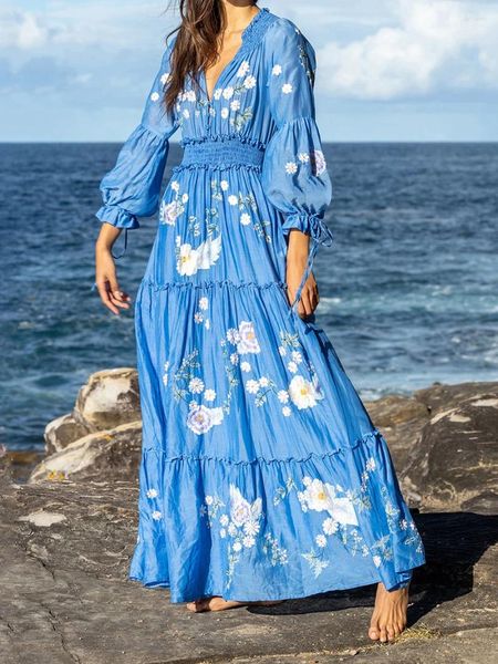 Freizeitkleider Damen Frühling Herbst Langes Kleid Knöpfe Blumendruck V-Ausschnitt Ärmel Mode Urlaub