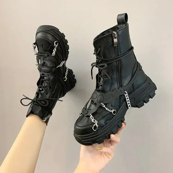 Сапоги женская обувь платформа сапоги Punk Gothic for Women Boots Combat Ladies Black Metal Button Женщина мотоцикл мотоцикл ботинки осень новая