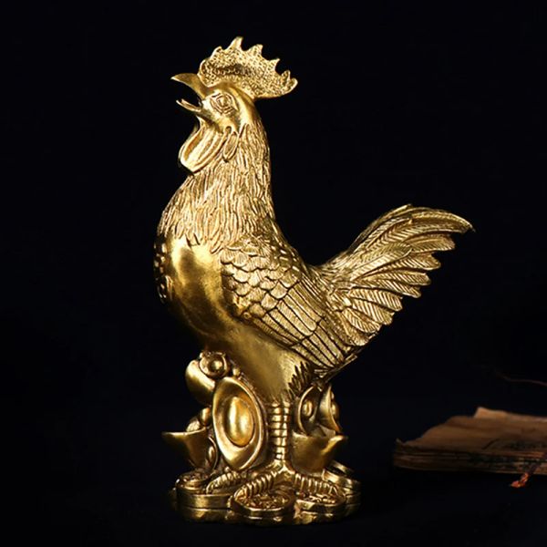 Estatueta de galo de bronze em miniatura, estátua, sorte chinesa, fengshui, ornamento para casa, escritório, loja, decoração de mesa, artesanato artesanal