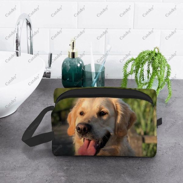 Sacos cosméticos Golden Retriever Animal Bag Senhoras Moda Grande Capacidade Caixa de Armazenamento de Beleza Lavagem