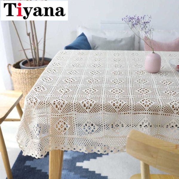 Toalha de mesa de crochê de renda branca, toalha de mesa retangular de algodão para casa el têxtil DecorZB-TC017D3 210626254S