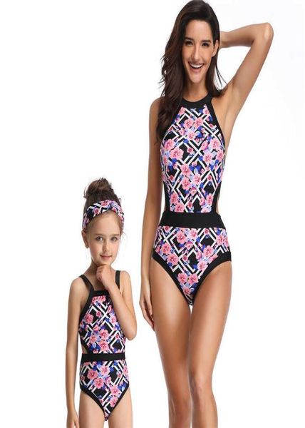 Costume da bagno vintage per mamma e bambino Vestito per bambini Fiori Halt Up Bikini Madre figlia Abbigliamento coordinato Costume da bagno 2105299535233