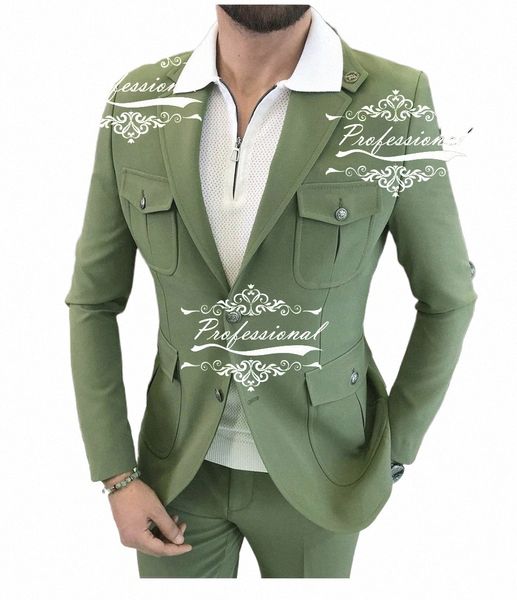 Зеленый мужской роскошный социальный мужской костюм, пиджак, брюки, пальто с большим карманом, индивидуальная куртка сафари, 2 шт., пальто, брюки, наряд M7p3 #