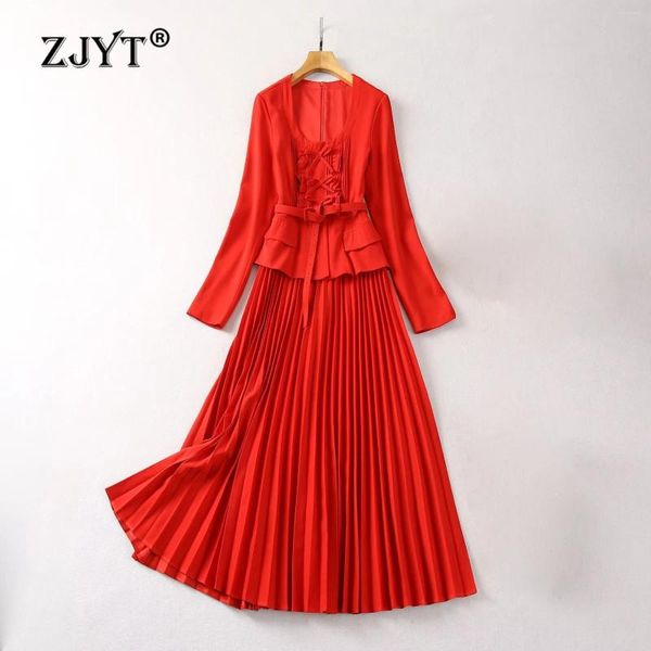 Vestidos casuais zjyt manga longa midi plissado para mulheres elegante arco babados retalhos vestido de primavera 2024 vermelho preto feriado festa vestidos