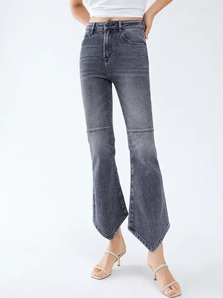 Frauen Jeans Frauen Unregelmäßige Flare Hosen 2024 Frühling Weibliche Mode Schlanke Hohe Taille Zipper Elastische Grau Alle-spiel