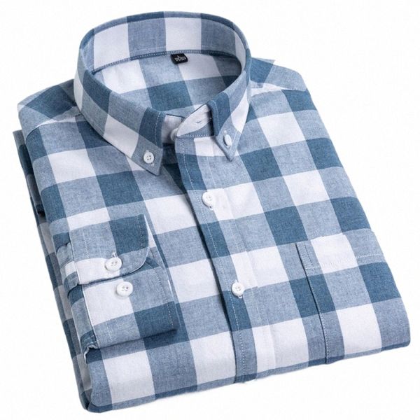 Camicie Cott a righe scozzesi stile Inghilterra Tasca singola con manica Lg Camicia a quadri casual da uomo standard-fit butt-down 53MQ #