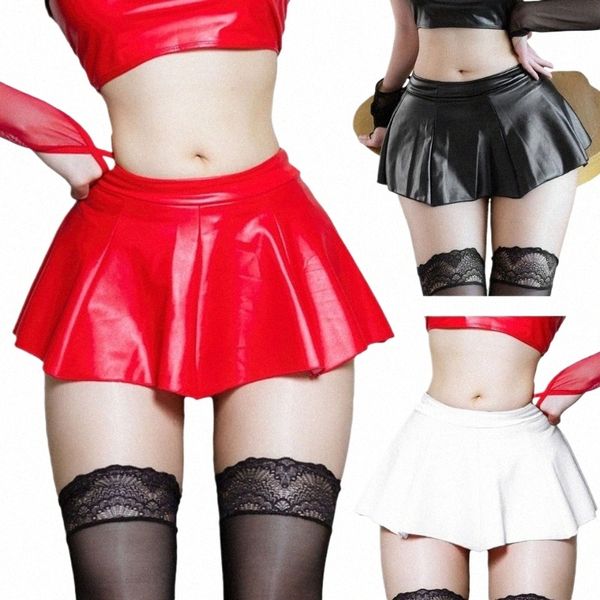 Mulheres Sexy PU Couro Plissado Mini Saia Y2K Hot Girls Verão Cintura Alta Cor Sólida Saias Curtas Party Club Costume Lingerie r8pf #