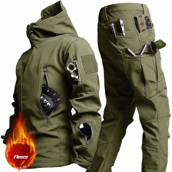 tattico invernale Set da uomo militare esterno antivento impermeabile tuta multi-tasca Soft Shell con cappuccio giacche pelle di squalo pantaloni da lavoro S7pe #