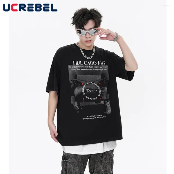 T-shirt da uomo con stampa modello T-shirt a maniche corte da uomo Streetwear Hip Hop Girocollo estivo Mezza manica T-shirt effetto lavato lavato da uomo