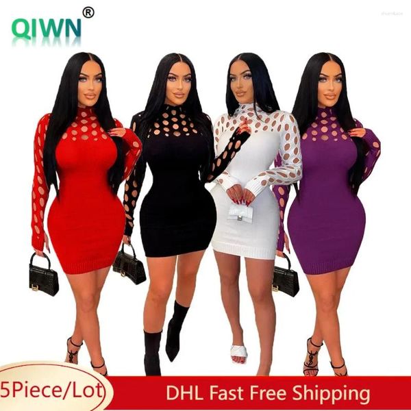 Vestidos casuais 5 pcs massa atacado tricô mini vestido mulheres sexy oco out manga longa saia feminina bodycon pacote hip clubwear roupas