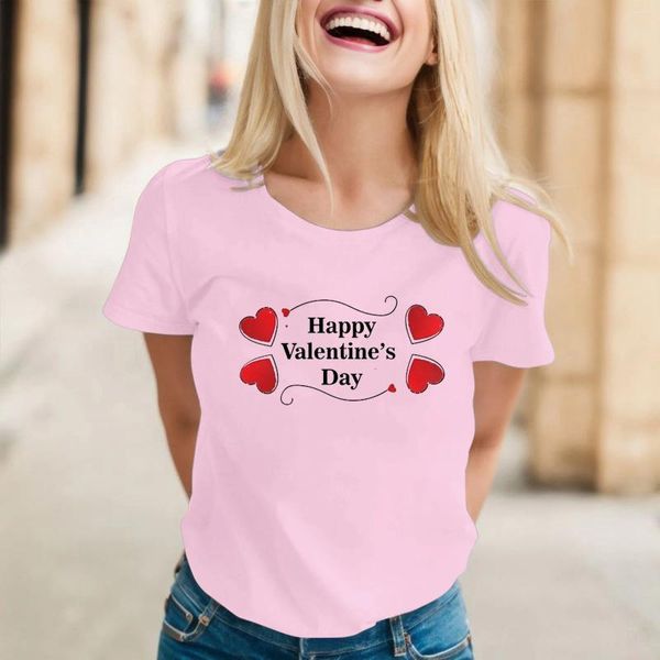 Damen-T-Shirts, Valentinstag-Druck-T-Shirt, niedliches Rundhals-Kurzarm-Love-Print-Pullover-Oberteil, Sommer-bequeme T-Shirts