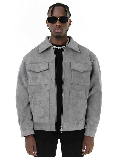 Herren Leder Kunstleder Vintage High Street Wildleder Material Crock Jacke mit Reißverschluss Revers lässige kurze Jacke für Männer 240330