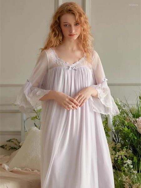 Mulheres sleepwear vintage princesa camisola para senhora modal gaze mulheres delicado bordado solto royal nightwear primavera casa vestido