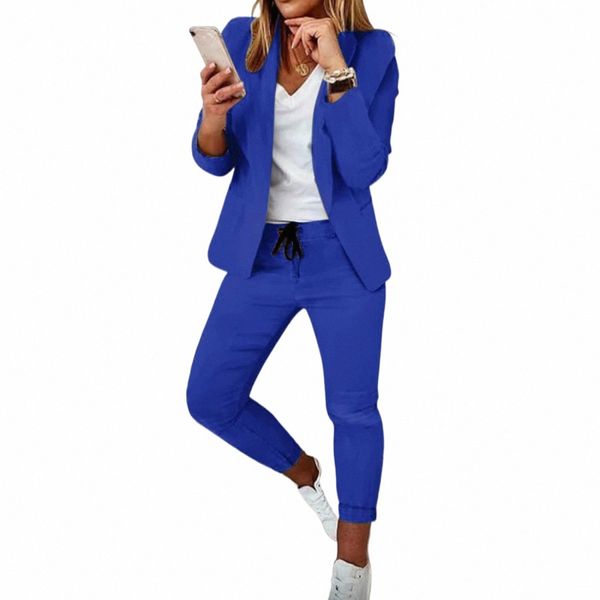 Casual Solid Suit Coat Pants Set Office Lady Fi Elegante manica Lg Top Lace Up Pantaloni Two Piece Set Women Outfit 2023 f3Wj #