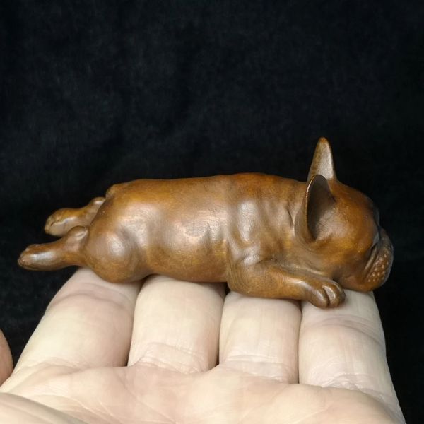 Sculture L 8,5 CM Legno cinese Bosso Intagliato a mano Animale Bulldog francese Figura Statua Decorazione da scrivania Collezione regalo