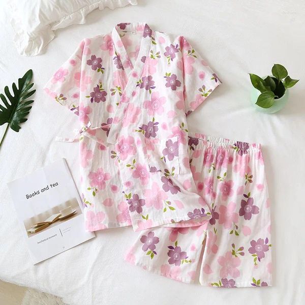 Startseite Kleidung Dame Baumwolle japanischen Stil Pyjama Anzug Blumendruck Nachtwäsche süßer Kimono 2 Stück V-Ausschnitt Robeshorts Nachtwäsche Casual Homewear