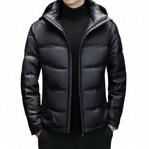 zdt-8054 inverno novo masculino pele de carneiro curto com capuz pato branco para baixo jaqueta casual quente e grosso jaqueta de couro genuíno a1pV #