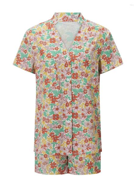 Home Abbigliamento Donna Pigiama Set Stampa foglie di fiori Camicia a maniche corte con chiusura a bottoni con pantaloncini Pigiama Pigiama