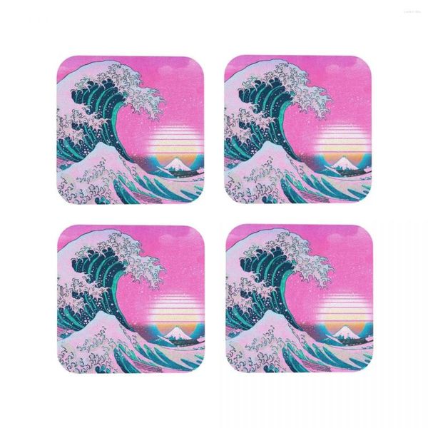 Tischsets Vaporwave Aesthetic Great Wave Off Kanagawa Retro Sunset Untersetzer Kaffee Leder Tischsets Tassen Geschirr Pads Esszimmer Bar