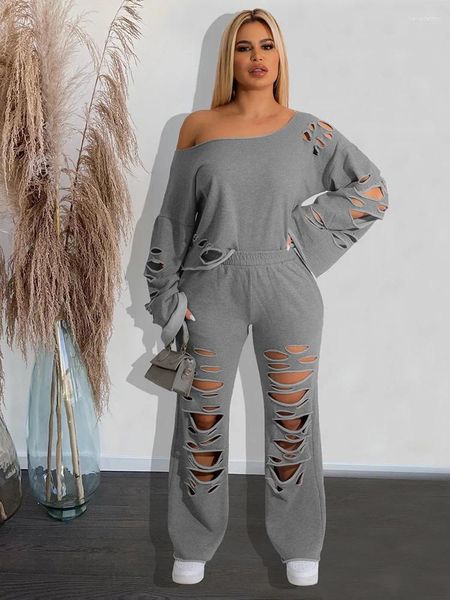 Damen Zweiteiler, Hose, 2 Outfit-Set, Damen-Frühlingskleidung, lockeres Blusen-Top und Sweatshirt, aushöhlen, einfarbig, lässig, schick