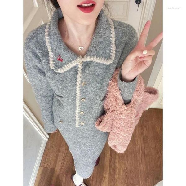 Arbeitskleider Korobov Französisch Vintage Grau Weiß Pullover Strickjacke Schlanker Rock Anzug Altersreduzierung Koreanische Mode Frauen Zweiteilige Outfits 2024