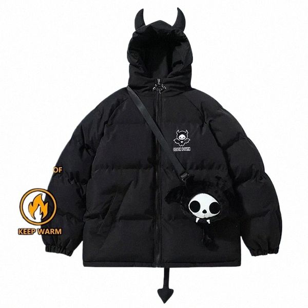 High Street Casal Casaco Homens Jaqueta Devil Horns Wing Tail Designer Jaquetas acolchoadas com capuz com boneca Grosso Quente Puffer Bubble Coats F56K #