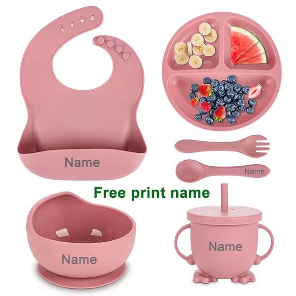 Nome personalizzato Set per l'alimentazione del bambino Ventosa in silicone Piatto Piatti Cucchiaio Forchetta Bavaglino Stoviglie per bambini Ciotole 6 pezzi / set 240326