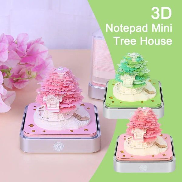 Miniature Note 3D Blocco note Decorazione romantica della casa sull'albero Scrivania creativa Calendario 2024 con luci a LED Blocco note 3D Regali di intaglio della carta