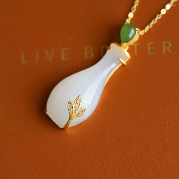 Colares Pingente Natural Hetian Jade Branco Calabash Pendent S925 Sterling Silver Amarelo Moagem Areia Artesanato Colar Simples