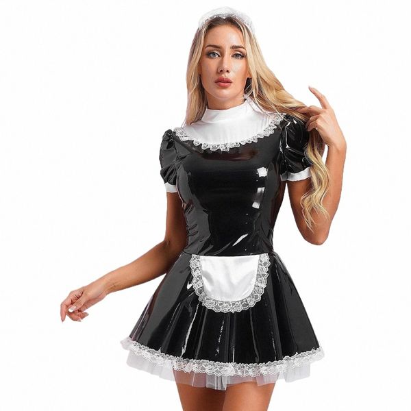 donne Glossy Latex Bodyc Apr Dr Maidservant Waitr Costume Halen Masquerade Party Wear Uniforme di ruolo Set 39XP #