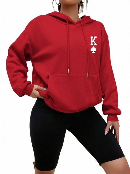 Poker K Simples Impresso Hoodie Para Mulheres All-Match Fi Streetwear Casual Hip Hop Moletom Outono Bolso Feminino Com Capuz l7LP #