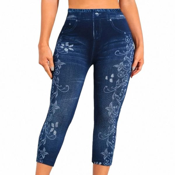 Plus Size Sports Leggings, Mulheres Plus Denim Print Floral High Rise Skinny Slight Stretch Capri Leggings Y2JM #