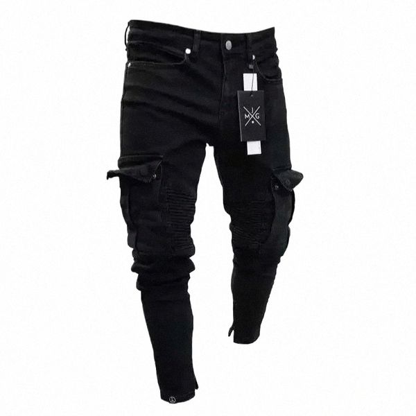 Herren Stretch Jeans Schwarz Große Seitentaschen Cargo Jeans Fi Reißverschluss Kleiner Fuß Denim Hosen Elastische Jogginghose Streetwear